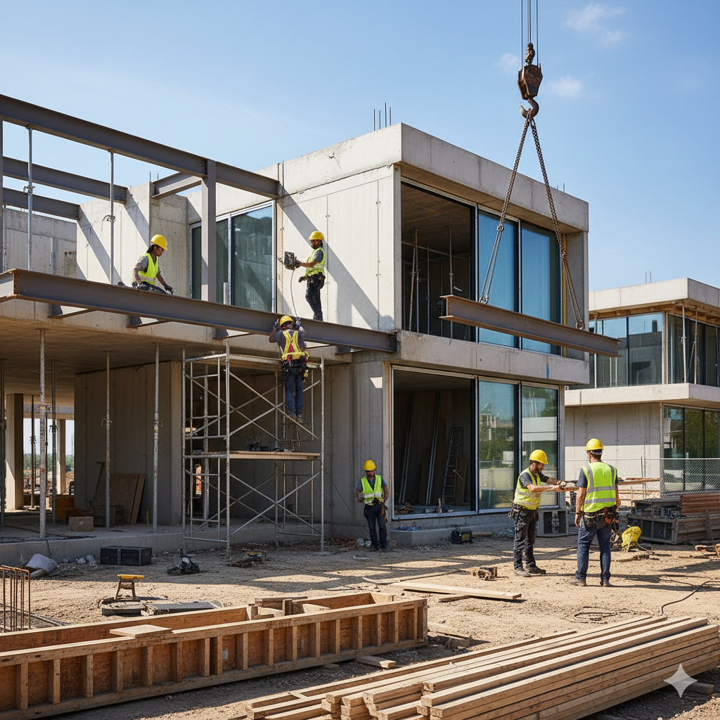 Modern construction site with workers